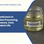 How plasticisers in PVC affect processing, performance, cost, and product life, showing a plasticiser sample container alongside PVC pipes used in manufacturing applications.