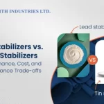 Comparison visual of lead stabilizer in powder form and tin stabilizer in liquid form, highlighting the performance, cost, and compliance trade-offs between tin stabilizers and lead stabilizers by Faith Industries Ltd.