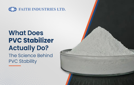 PVC stabilizer powder in laboratory dish with branding, representing how PVC stabilizers improve thermal stability, prevent degradation, and enhance durability in PVC processing applications